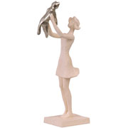 Escultura em poliresina mulher com gato bege 08x09x35 cm 